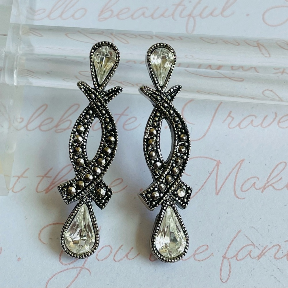Avon Vintage Silver-Tone Marcasite Pierced Earrings with Clear Crystal Accents